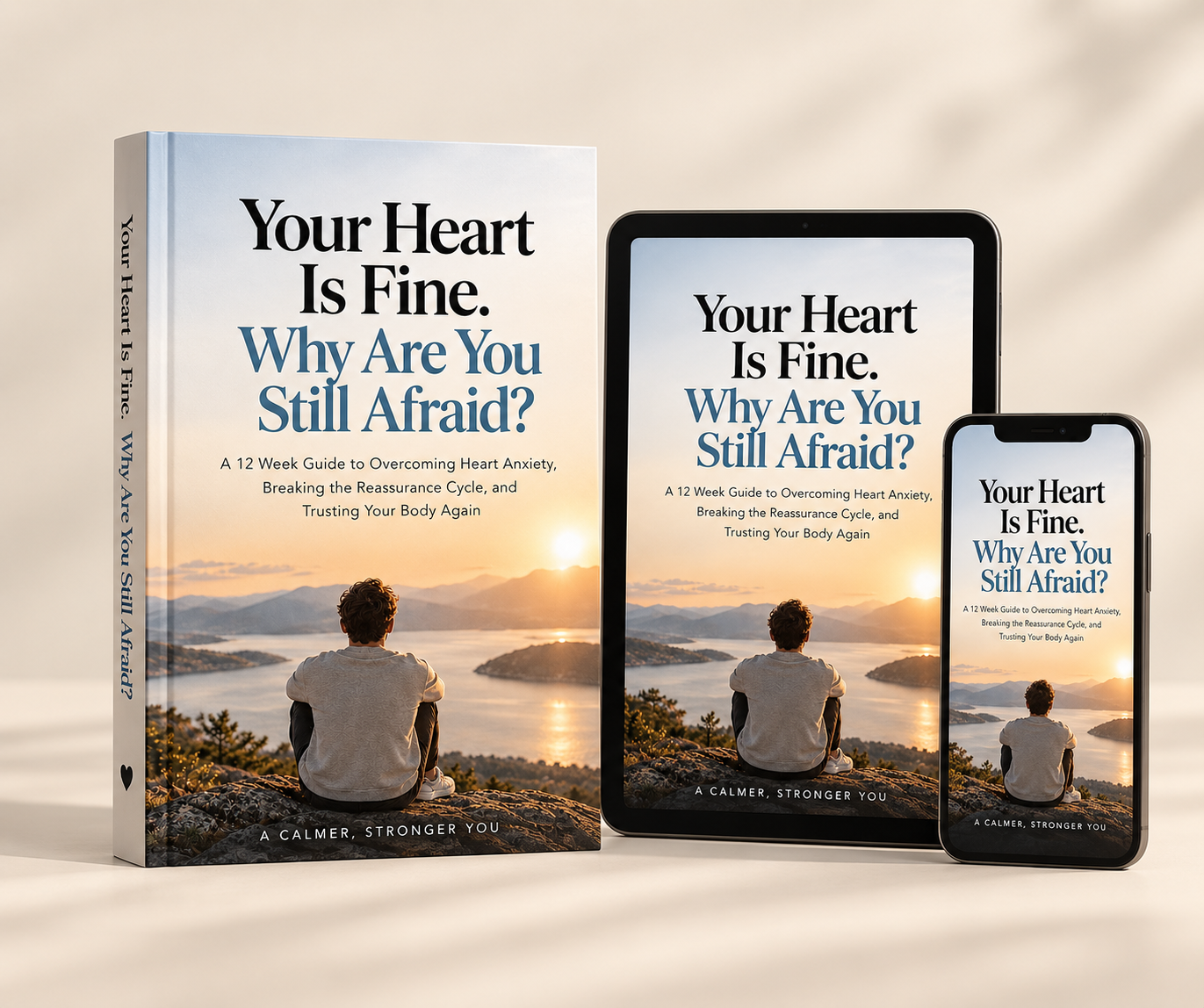 The complete 12-week guide — 'Your Heart Is Fine' book, tablet and phone mockup