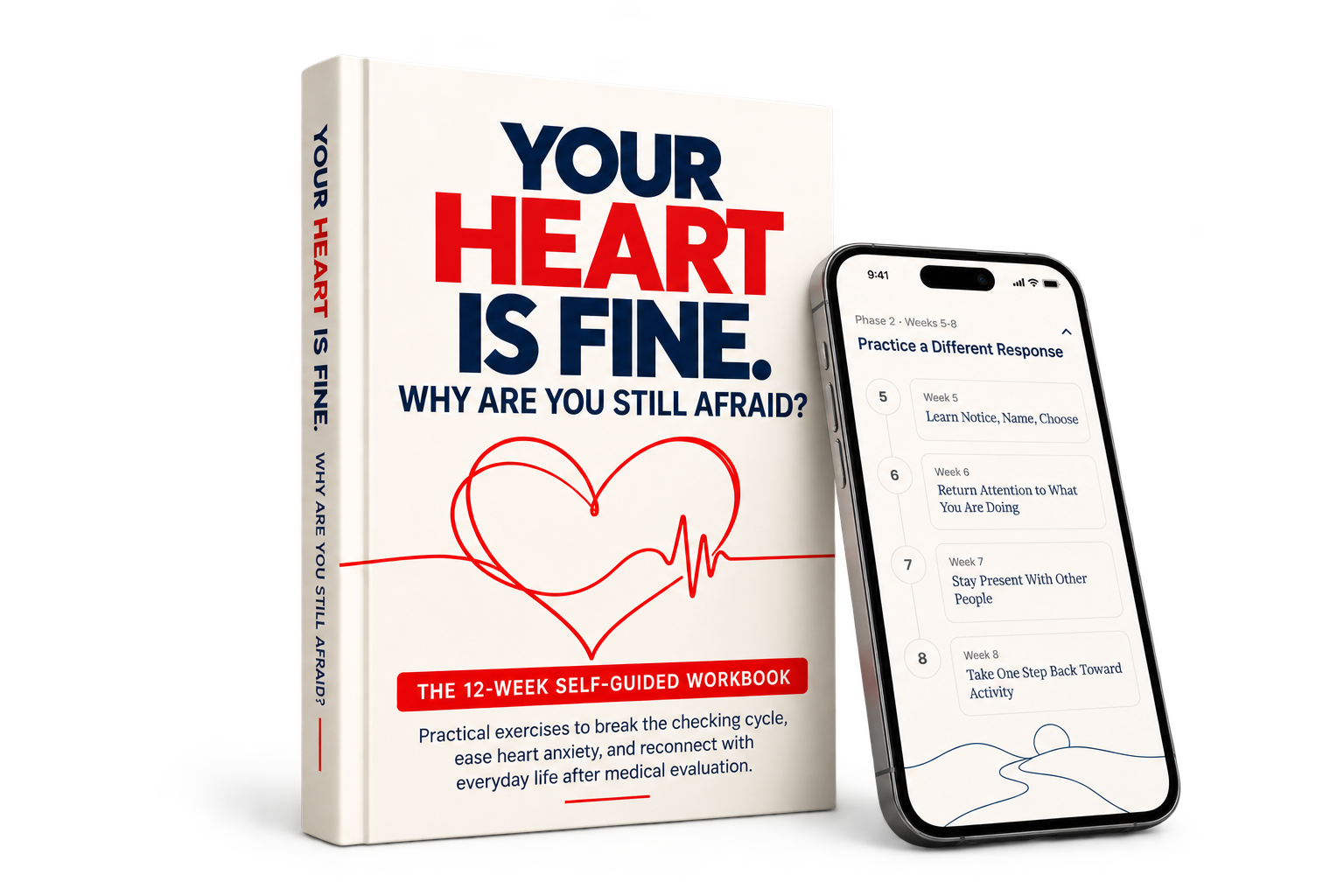 Your Heart Is Fine workbook cover beside a phone displaying the twelve-week program